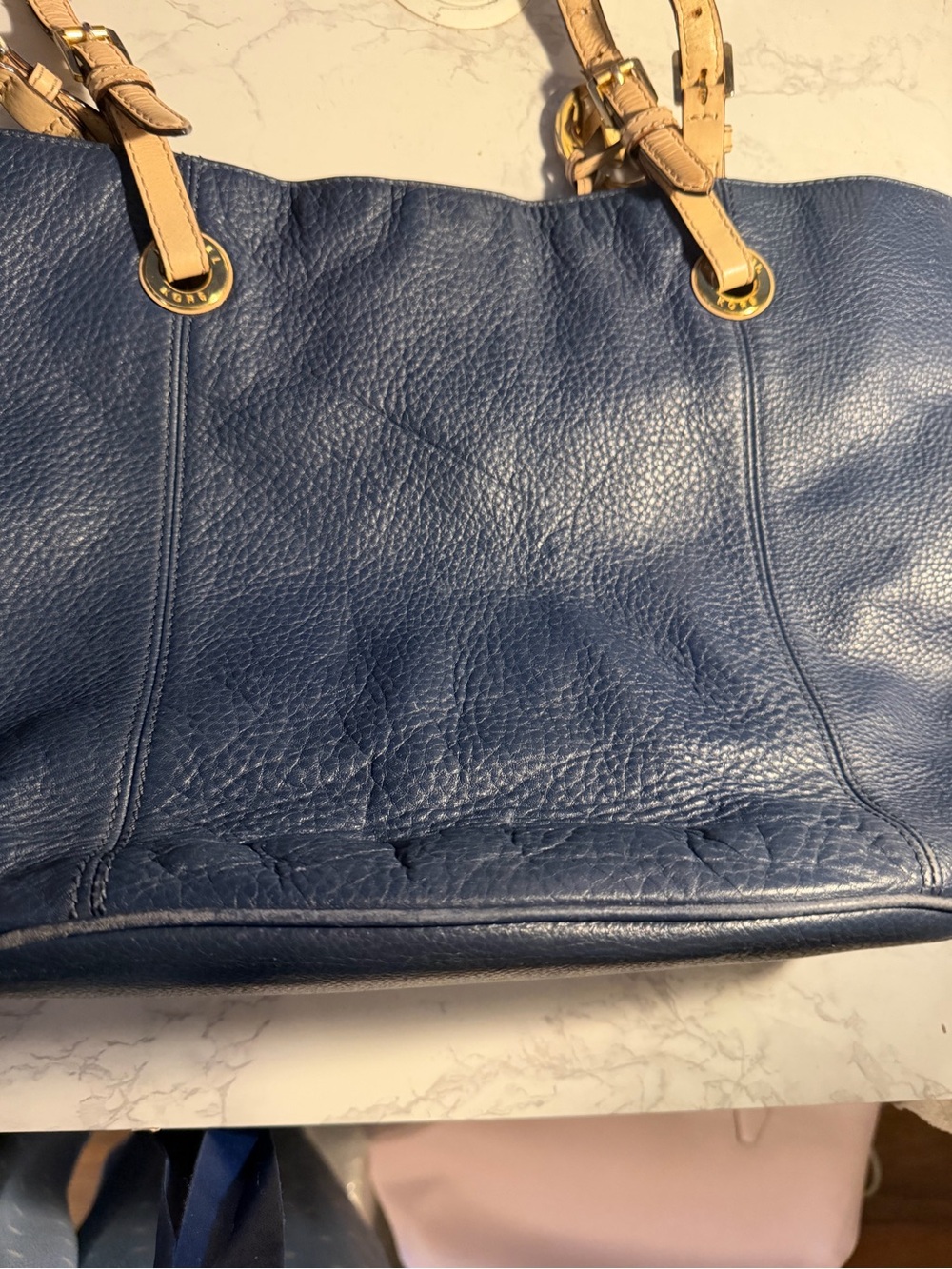 Michael Kors Navy Leather Tote with Tan Straps and Gold MK Charm - Picture 3 of 8